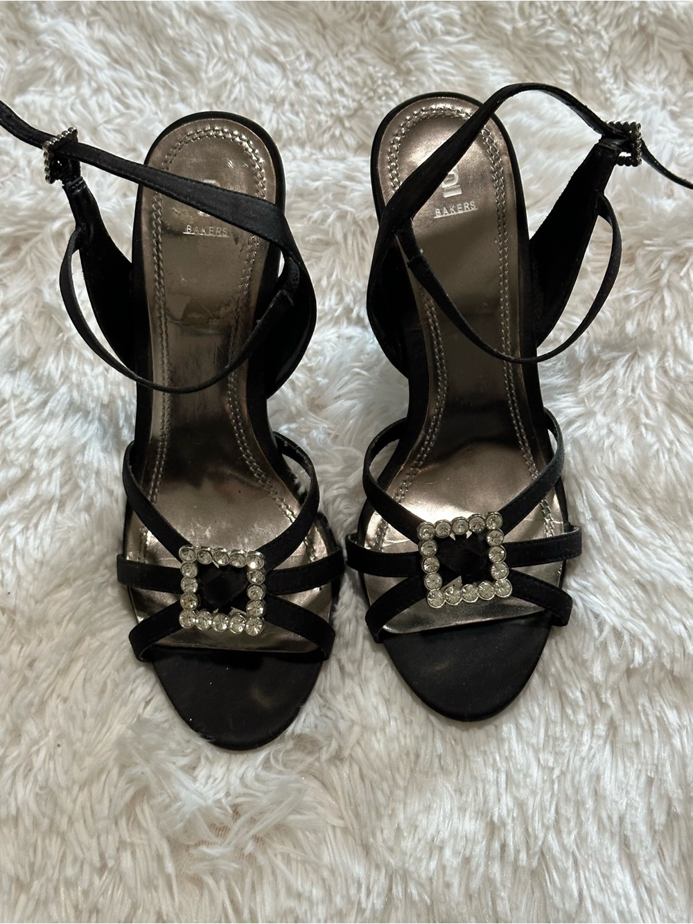 Bakers Black Satin Strappy Heels with Rhinestone Square Buckle